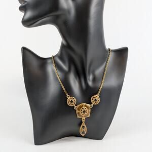 Vintage Gold Tone Drop Pendant Necklace Black Glass Inlay Art Deco Revival 11"